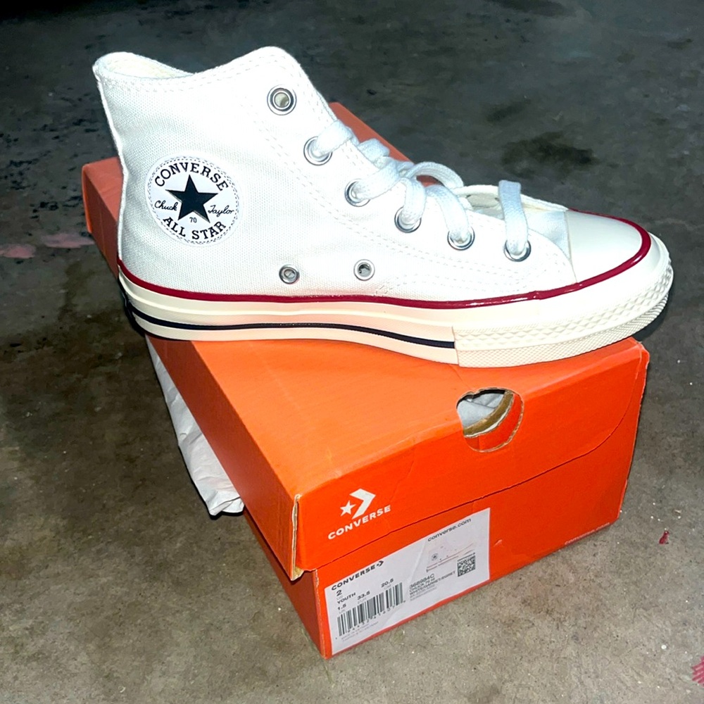 Kids high top white Converse, size 2Y